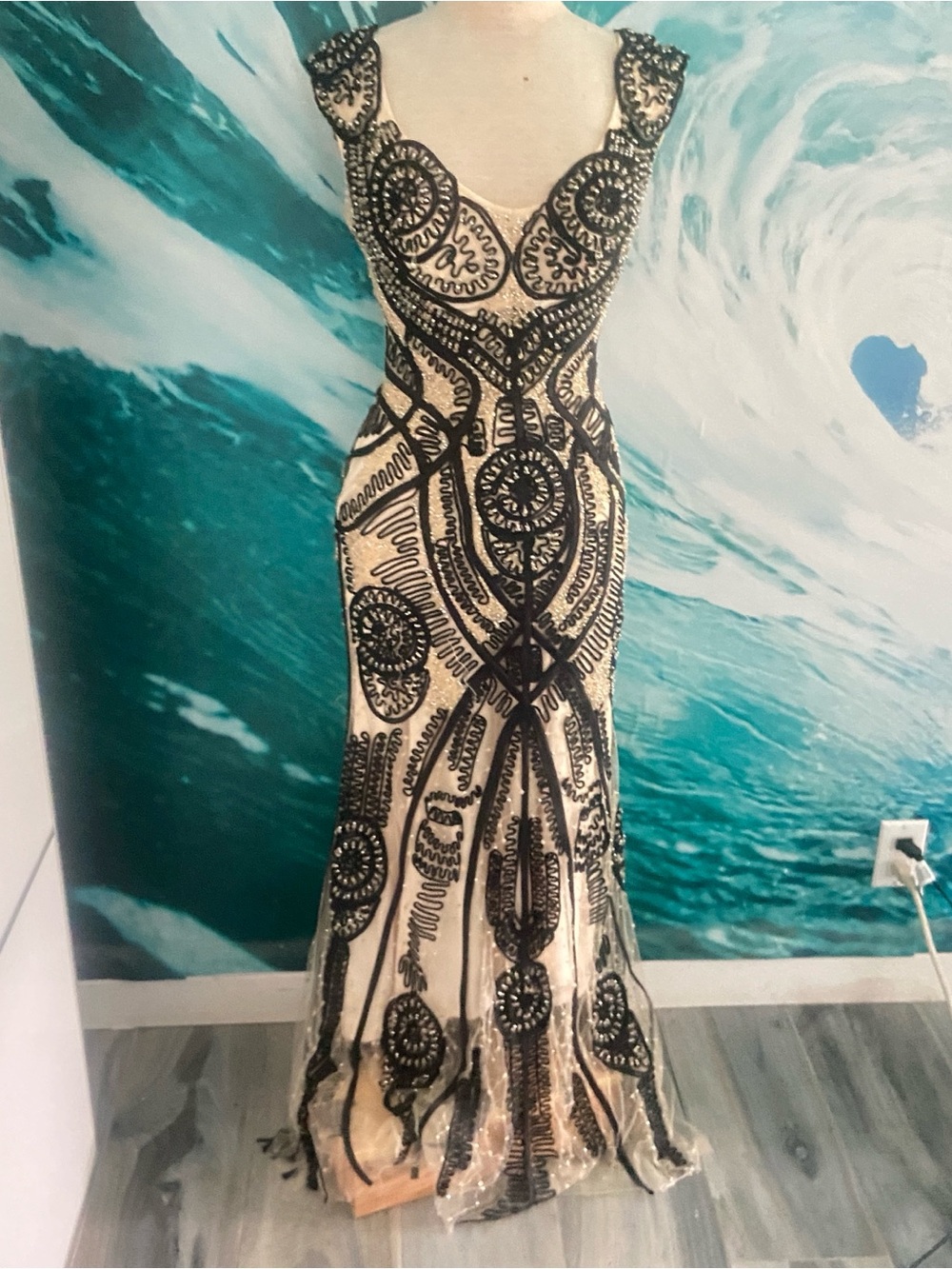 Black Beaded Nude Maxi Dress with Intricate Embroidery